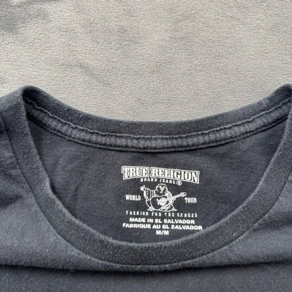 True Religion Mens Black Buddha Guitar Graphic T-Shirt Horseshoe Logo Medium